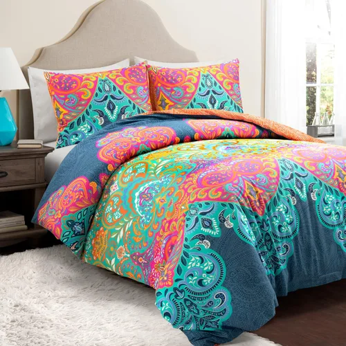Vista 11 de Lush Decor Juego de Edredón Reversible de Algodón Boho Chic de 3 Piezas, Full/Queen, Verde Espuma de Mar y Rojo - Estampado Paisley Brillante, Juego