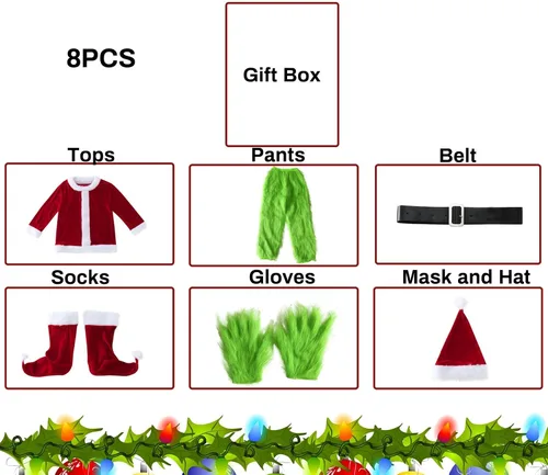 Vista 5 de Fisemira Green Monster Costume Suit Gloves, Christmas Funny 7PCS Deluxe Furry Santa Adult Men Women Decoration