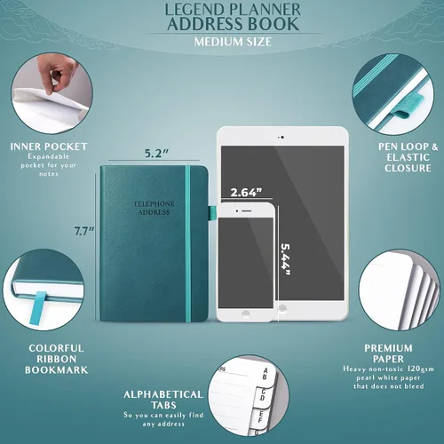 Vista 2 de Libreta de direcciones Legend Planner con pestañas alfabéticas – Libro de contactos telefónicos para números de teléfono, direcciones, contraseñas