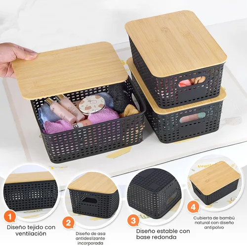 Vista 3 de Ohmlove 6 Pack Plastic Storage Baskets with Bamboo Lids for Organization Black