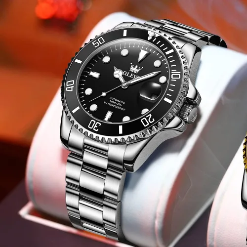 Vista 4 de Reloj automático de viento automático para hombre, reloj de lujo de acero inoxidable con fecha, reloj clásico impermeable con bisel giratorio