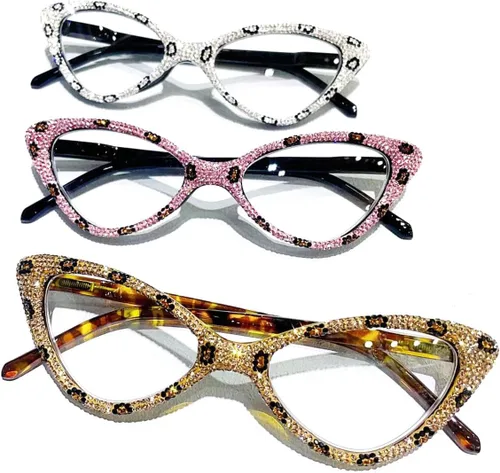 Vista 4 de willochra Elegantes gafas de lectura con diamantes de imitación de ojo de gato para mujer, diseño de diamantes de moda, gafas de luz azul Rosado
