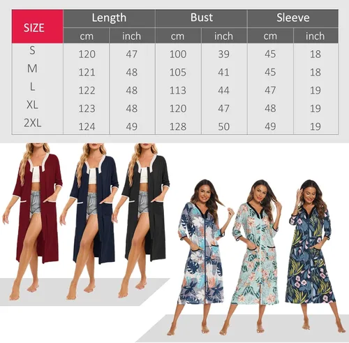 Vista 6 de Hellomamma Bata con cremallera para mujer, manga 34, vestido de descanso, longitud completa, bolsillos, bata de baño larga