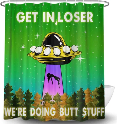 Vista 6 de MERCHR Funny UFO Shower Curtain for Bathroom, Unique Fun Alien Blue Space Starry Sky Forest Fabric Shower Curtains Set, Weird Restroom Decor