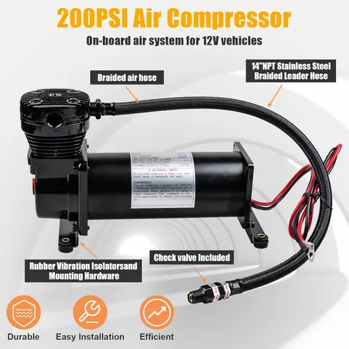 Vista 2 de Compresor de bocina de aire resistente de 200 PSI, compresor de bocina de tren de 3/8 NPT con accesorios de repuesto de 1/4 NPT