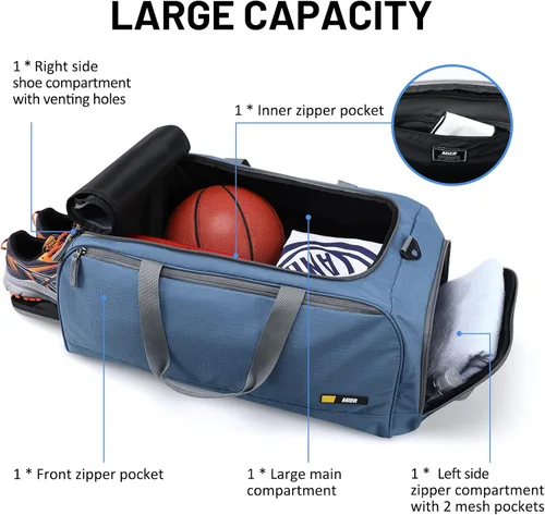 Vista 2 de MIER Bolsa de gimnasio grande para hombres con compartimento para zapatos, bolsas de lona ligeras para deportes, viajes, entrenamiento, fitness, fin