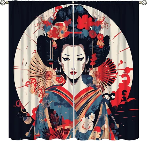 Vista 13 de Cortinas de geisha japonesas, flores rosas, ramas de árbol, sexy, glamour, para mujer, encantador, estética, oriental, con bolsillo para barra