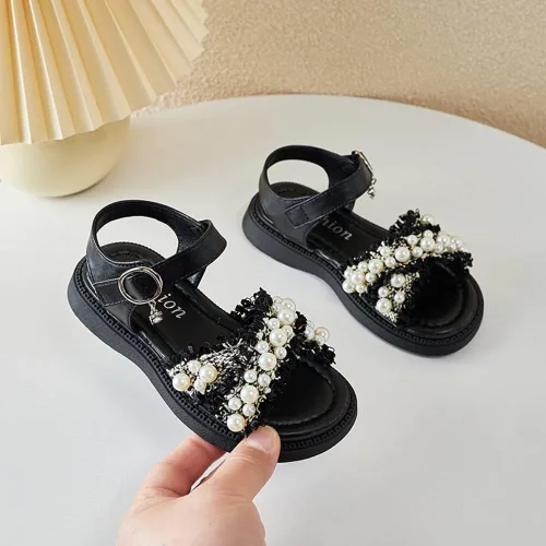 Vista 3 de BININBOX Sandalias planas de verano para niñas pequeñas y grandes, con purpurina y puntera abierta, antideslizantes, suela de goma suave, zapatos