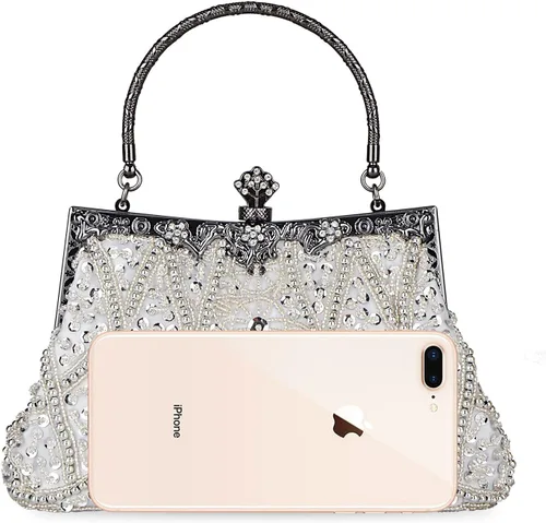 Vista 5 de Bolso de estilo vintage con cuentas de lentejuelas bolso de noche de fiesta de boda bolso de embrague de diamantes de imitación, plateado