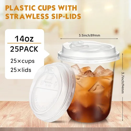 Vista 3 de Baderke Juego de 25 vasos de plástico transparente de 14 onzas con tapas, tazas de café helado resistentes con tapas, vasos de plástico desechables
