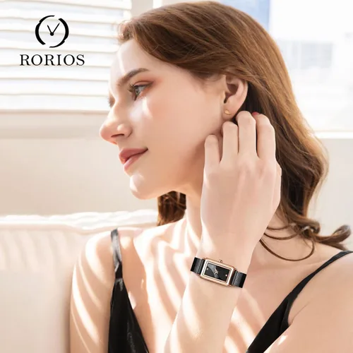 Vista 2 de RORIOS Reloj para mujer, esfera rectangular, reloj analógico de cuarzo con correa de malla de acero inoxidable, reloj de pulsera clásico para mujer