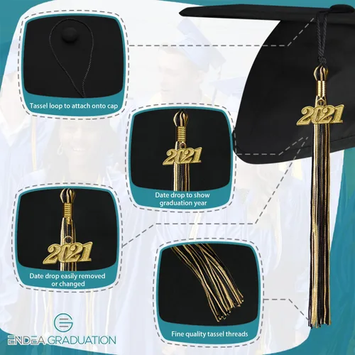 Vista 3 de Endea Graduation - Borla de doble color mixto con fecha dorada (negro/dorado antiguo, 2021)