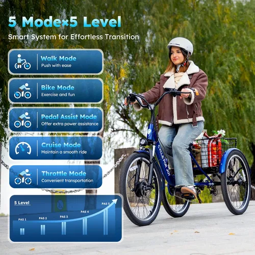 Vista 7 de Triciclo eléctrico para adultos, triciclo eléctrico de 7 velocidades con batería extraíble de 48V 624WH, autonomía de 70 millas en PAS 1, velocidad