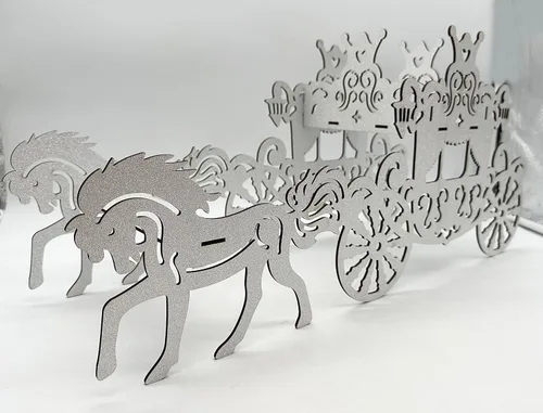 Vista 4 de Caballo y carruaje de madera 3D para cumpleaños, carruaje de princesa, centro de mesa, cenicienta, entrenador, regalos de boda, accesorios de boda