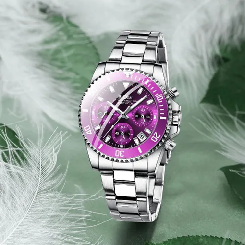Vista 5 de FANMIS Reloj de pulsera para mujer, elegante, con bisel giratorio, cristal mineral, luminoso, de acero inoxidable, impermeable, fecha, analógico