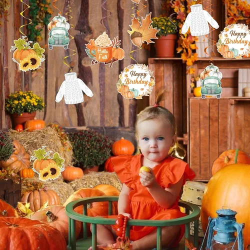 Vista 3 de Decoraciones de fiesta de calabaza pequeña, pancarta de feliz cumpleaños de Acción de Gracias y decoraciones de remolinos colgantes para fiesta