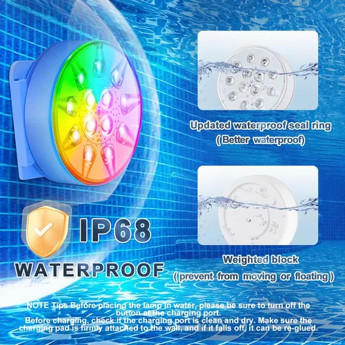Vista 4 de Luces de piscina para piscina sobre el suelo, luces LED sumergibles recargables subacuáticas con control remoto, IP68 impermeable, luz de piscina