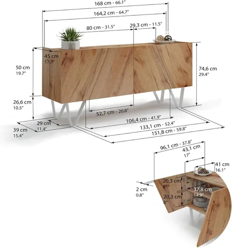 Vista 3 de Mobili Fiver, Emma - Aparador de 4 puertas con patas blancas, roble rústico, fabricado en Italia Madera rústica con patas blancas