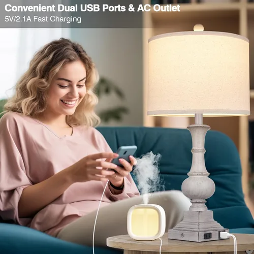 Vista 5 de 26" Farmhouse Lamp with 2 USB Ports & AC Outlet, Vintage Rustic Touch Control Bedside Lamp, Resin 3-Way Dimmable Nightstand Lamp Fabric Shade for