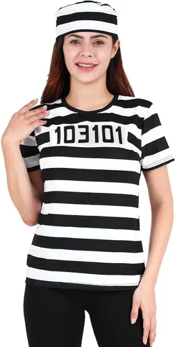 Vista 4 de Funny World Disfraz de prisionero para mujer, camisetas a rayas con sombrero
