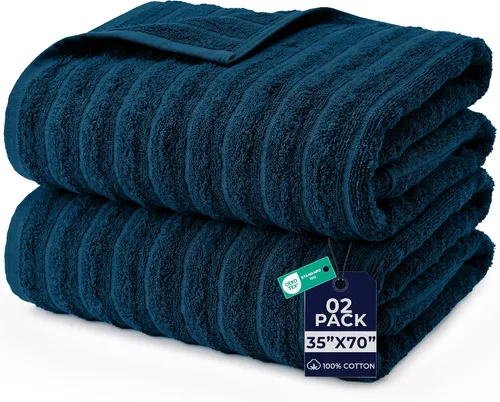 Vista 30 de DAN RIVER Paquete de 2 sábanas de baño de 35x70 pulgadas, sábanas de baño jumbo acanaladas para adultos, toallas grandes gruesas y absorbentes