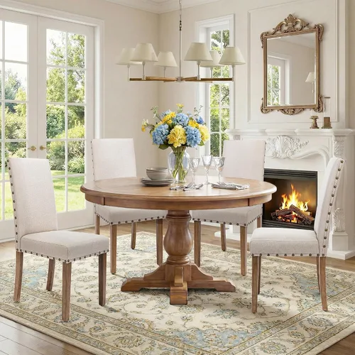 Vista 7 de Juego de sillas de comedor Parsons para cocina, tapizadas, modernas, de tela con respaldo alto y ribete de cabeza de clavo en bronce, paquete de 2