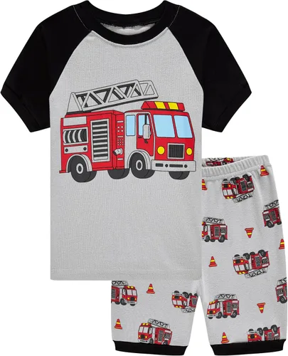 Vista 12 de Popshion Pijamas cortas de 2 piezas para niños pequeños, ropa de dormir de tiburón de tren, 100% algodón, pijamas de dinosaurio para niños pequeños
