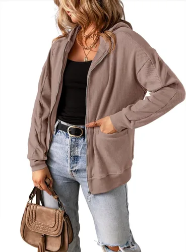 Vista 2 de Chaqueta de punto gofre para mujer, con cremallera, de gran tamaño, para otoño, con bolsillo