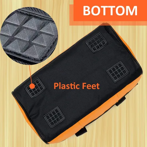 Vista 5 de Bolsa de herramientas de 13 pulgadas, impermeable, naranja, organizador de herramientas con boca ancha y correa de hombro para herramientas
