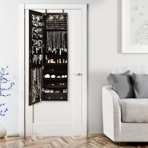 Vista 9 de COSTWAY Armario de joyería con espejo organizador de joyas montado en la pared con espejo de longitud completa y 2 luces LED armario de joyería