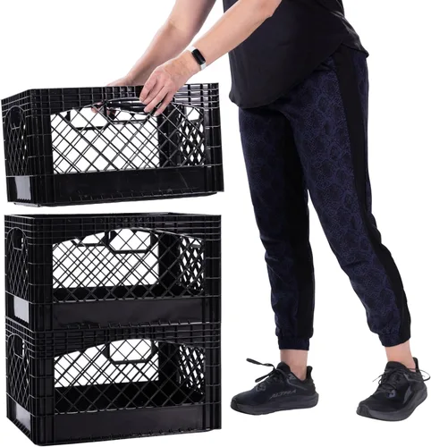 Vista 2 de Caja rectangular de plástico para almacenamiento tipo crate para leche con asas, organizador apilable de 24 cuartos de galón para garaje, hogar