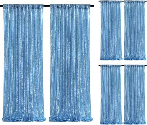 Vista 55 de Cortinas de fondo de lentejuelas con purpurina azul bebé, 2 piezas de 2 x 8 pies, telón de fondo de fiesta de baby shower para niños, hermosas
