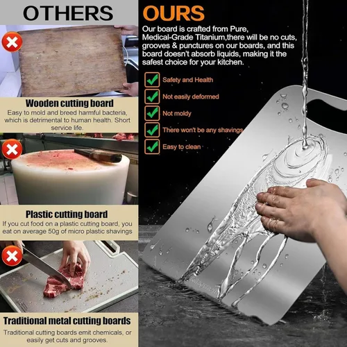 Vista 3 de Tabla de cortar de titanio, tabla de cortar de titanio 100% puro para cocina, antiadherente, de doble cara y de grado alimenticio, tablas de cortar