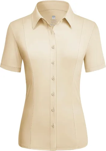 Vista 8 de Camisas con botones para mujer, elásticas, de manga corta, con cuello, sin arrugas, básica, de negocios, blusa de trabajo