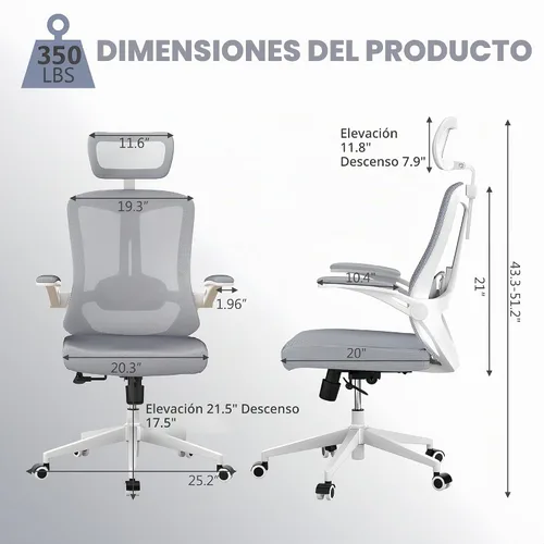 Vista 2 de Silla de oficina ergonómica, sillas de escritorio cómodas de 350 libras con reposacabezas ajustable y soporte lumbar para espalda, sillas de gris