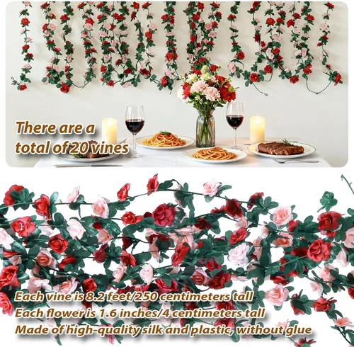 Vista 7 de Miracliy 8 guirnaldas de flores rojas de 66 pies, rosas artificiales de color naranja, guirnalda de flores falsas de primavera para telón de fondo