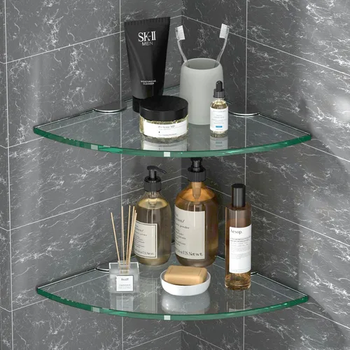 Vista 8 de Organizador de ducha de cristal esquinero, paquete de 2 estantes de vidrio templado de 0.315 in de grosor, sin perforaciones, montaje en pared
