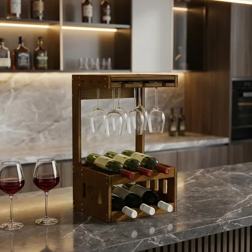 Vista 5 de Estante de vino para encimera con copas de vino, capacidad para 6 botellas Marrón