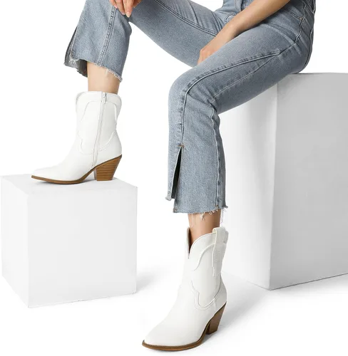 Vista 6 de DREAM PAIRS Botines vaqueros para mujer, botines occidentales, tacón bajo, punta puntiaguda, botas vaqueras