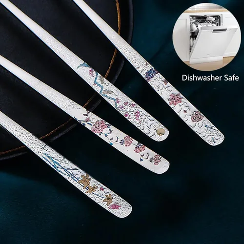 Vista 8 de Cucharas de sopa coreanas, cucharadas de acero inoxidable 18/8 con mango largo de 8 pulgadas, cucharadas de metal asiático, juego de 4 (flores)