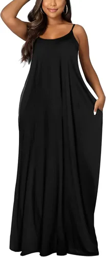 Vista 3 de OFEEFAN - Maxivestido de verano para mujer, diseño con tirantes delgados y bolsillos.