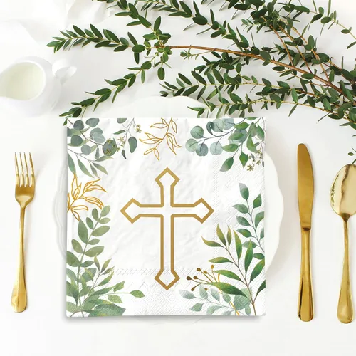 Vista 4 de AnyDesign 80 servilletas de papel con cruz vegetal, hojas verdes, desechables, servilletas de almuerzo, bautismo, postre, cena, servilletas de mano