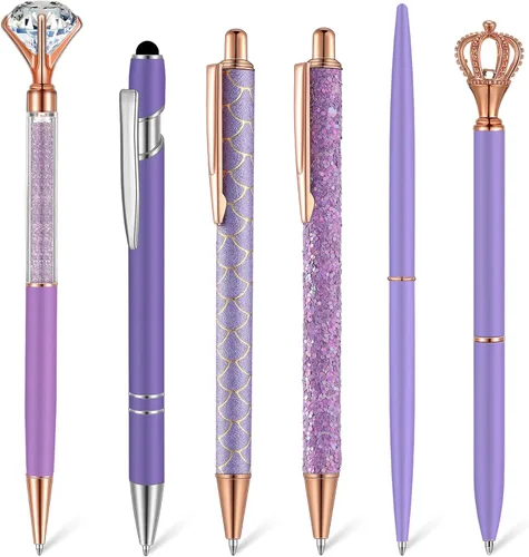 Vista 11 de Qeeenar Juego de 6 bolígrafos de bola de metal con cristales de diamante para diario, bonitos y brillantes, elegantes artículos de papelería, tinta