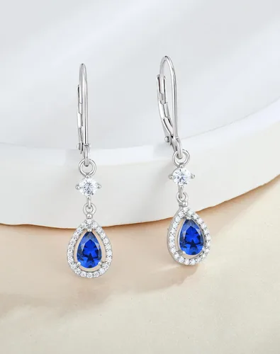 Vista 2 de Aretes colgantes de cristal para mujer, aretes Guesma de 0.236 x 0.157 pulgadas, diseño de lágrima, piedra natal creada, plata esterlina 925, aretes