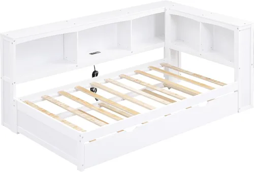 Vista 6 de DEINPPA Sofá cama Twin Captain con nido y puertos USB, marco de cama de plataforma de madera con cabecera en forma de L para niños, adolescentes