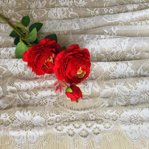 Vista 4 de 10 caminos de mesa de encaje blanco de 120 x 14 pulgadas, camino de mesa bohemio vintage con flores para banda de silla, camino de mesa rústico
