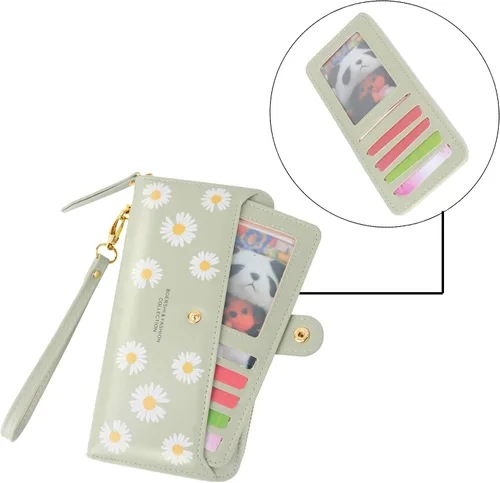 Vista 4 de Cartera de piel para mujer, con bloqueo RFID, bolsillo con cremallera, tarjetero, con ventana de identificación