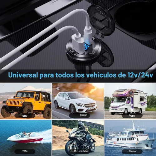 Vista 6 de Enchufe de cargador de automóvil de aluminio USB C de 12V, salida de 12 voltios, PD 20W y carga rápida 3.0 18W, puerto USB de automóvil impermeable