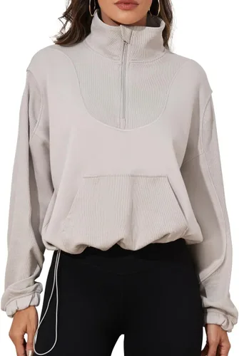 Vista 2 de PrettyGuide Sudadera corta con media cremallera para mujer, cuello alto, acanalada, con bolsillo