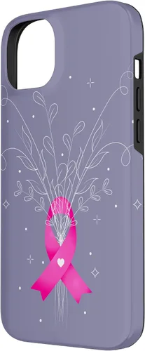 Vista 2 de iPhone 14 Plus Rosa Concientización del Cáncer de Mama Cinta Flores Estuche Púrpura